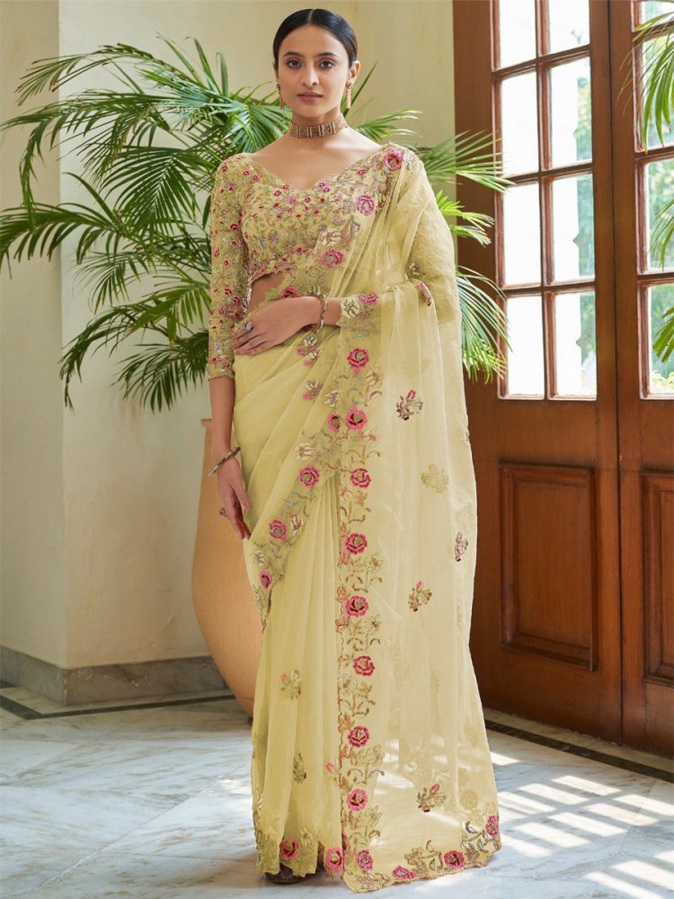 Lemon Georgette Embroidered Party Reception Heavy Border Saree