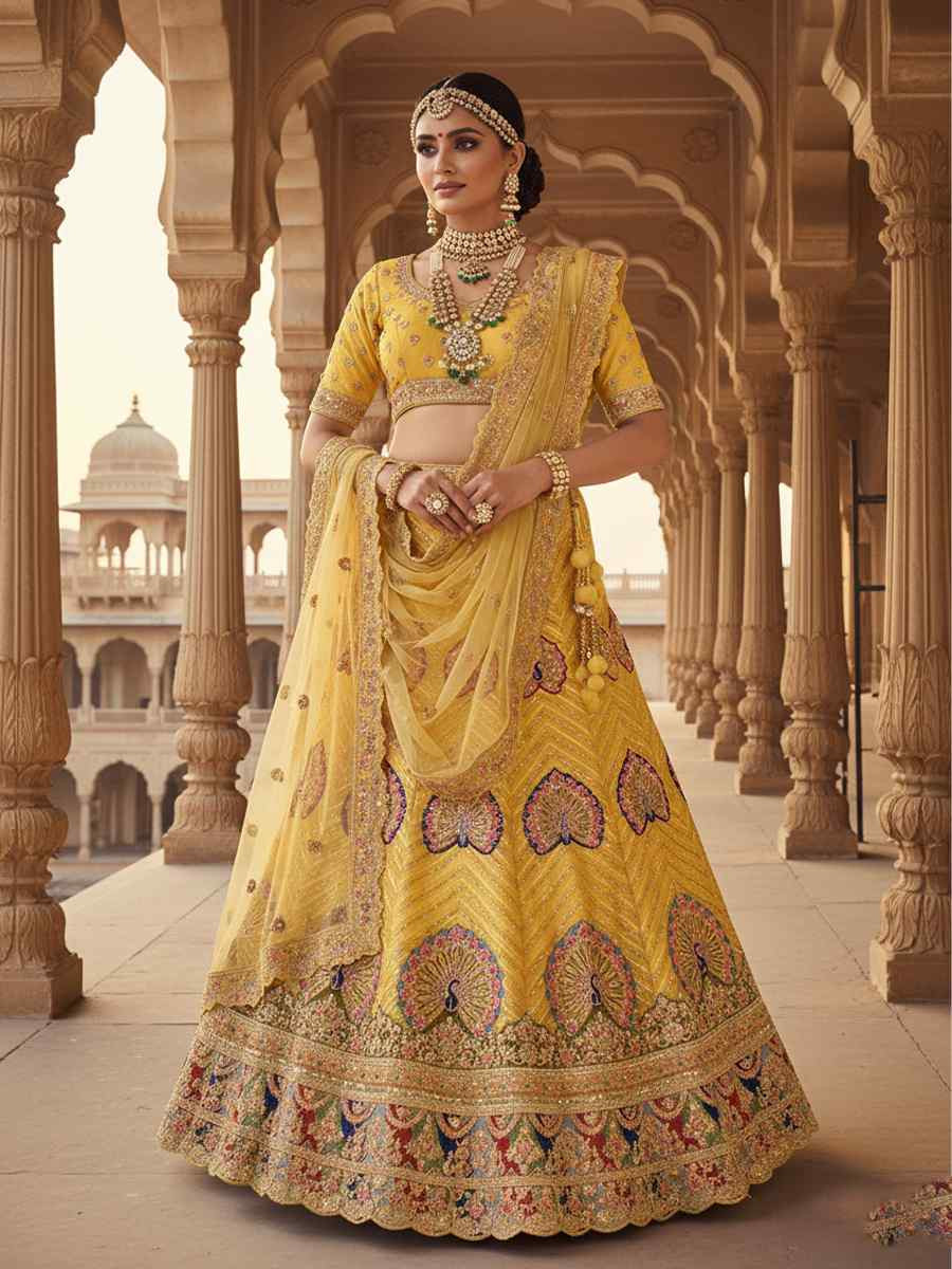 Lemon Georgette Embroidered Wedding Reception Festival Heavy Border Lehenga Choli