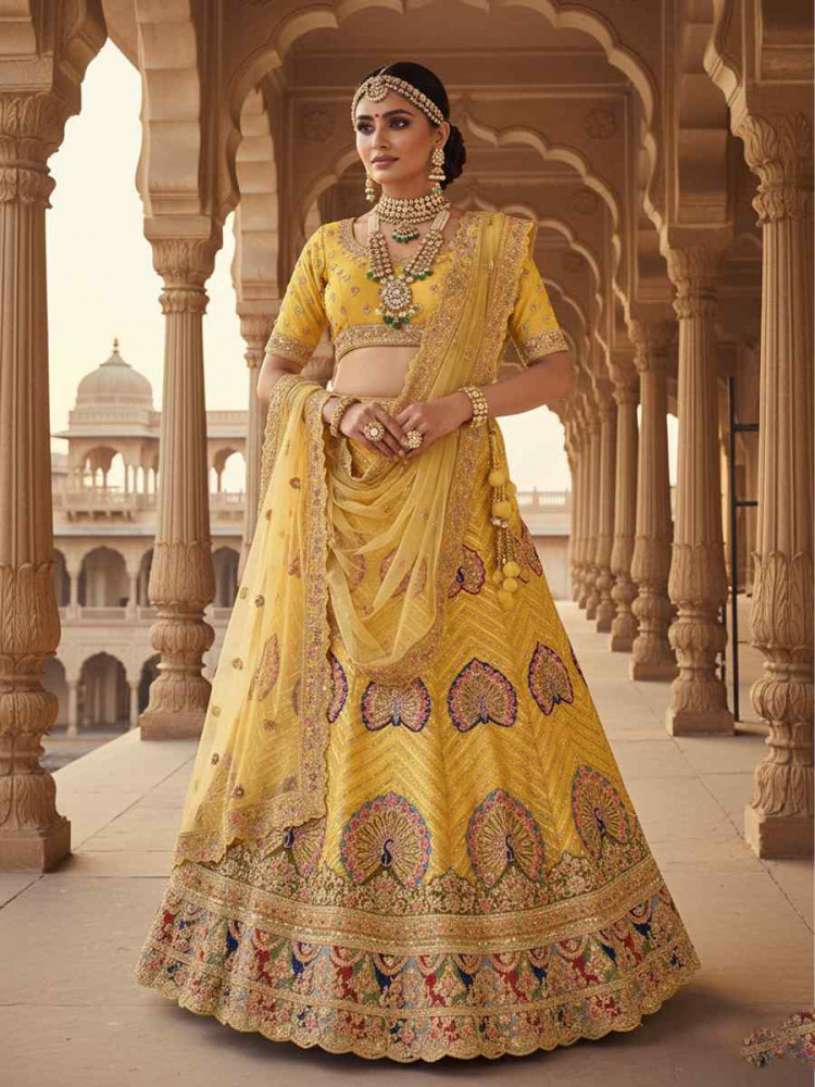 Image of Lemon Georgette Embroidered Wedding Reception Festival Heavy Border Lehenga Choli
