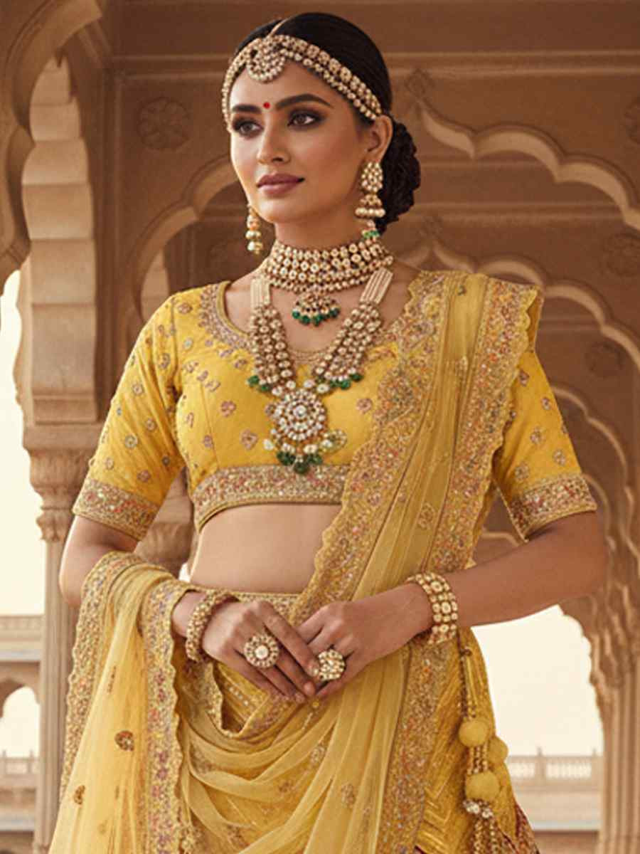 Lemon Georgette Embroidered Wedding Reception Festival Heavy Border Lehenga Choli