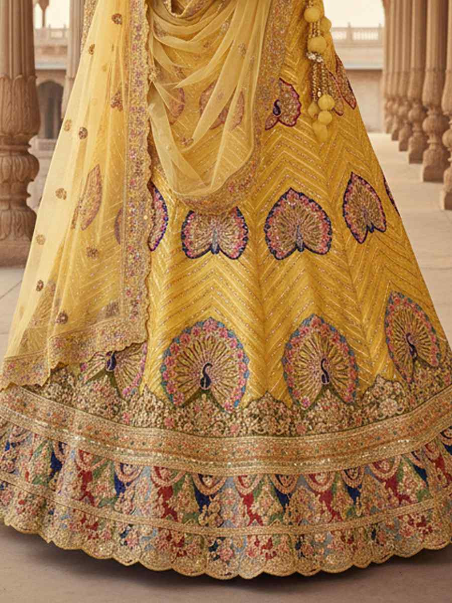 Lemon Georgette Embroidered Wedding Reception Festival Heavy Border Lehenga Choli