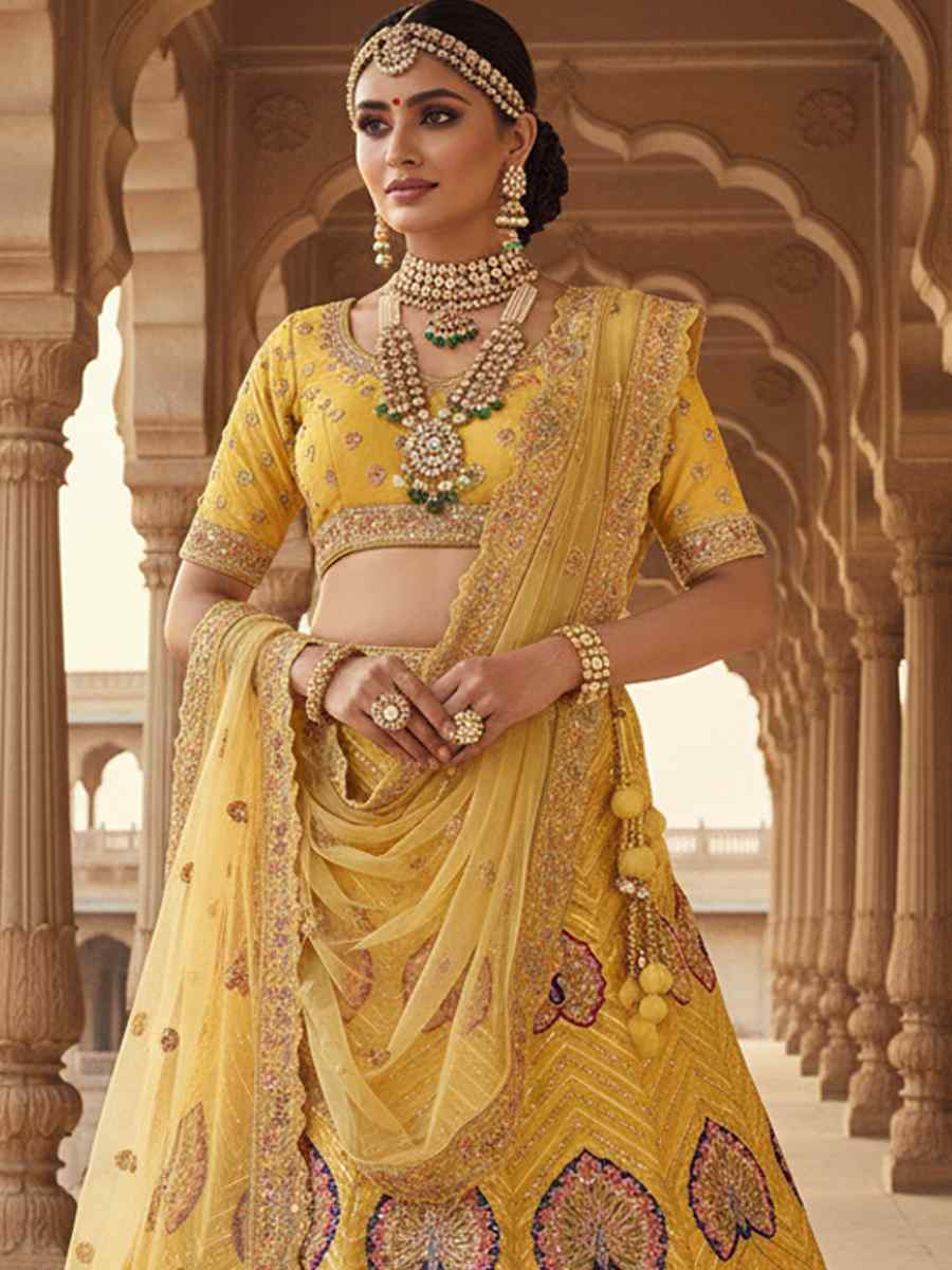 Lemon Georgette Embroidered Wedding Reception Festival Heavy Border Lehenga Choli