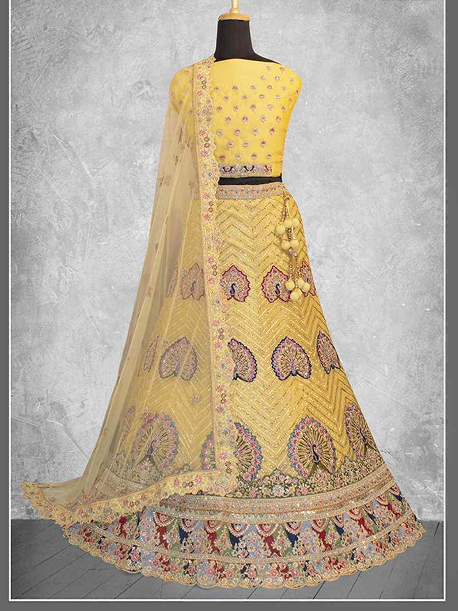 Lemon Georgette Embroidered Wedding Reception Festival Heavy Border Lehenga Choli