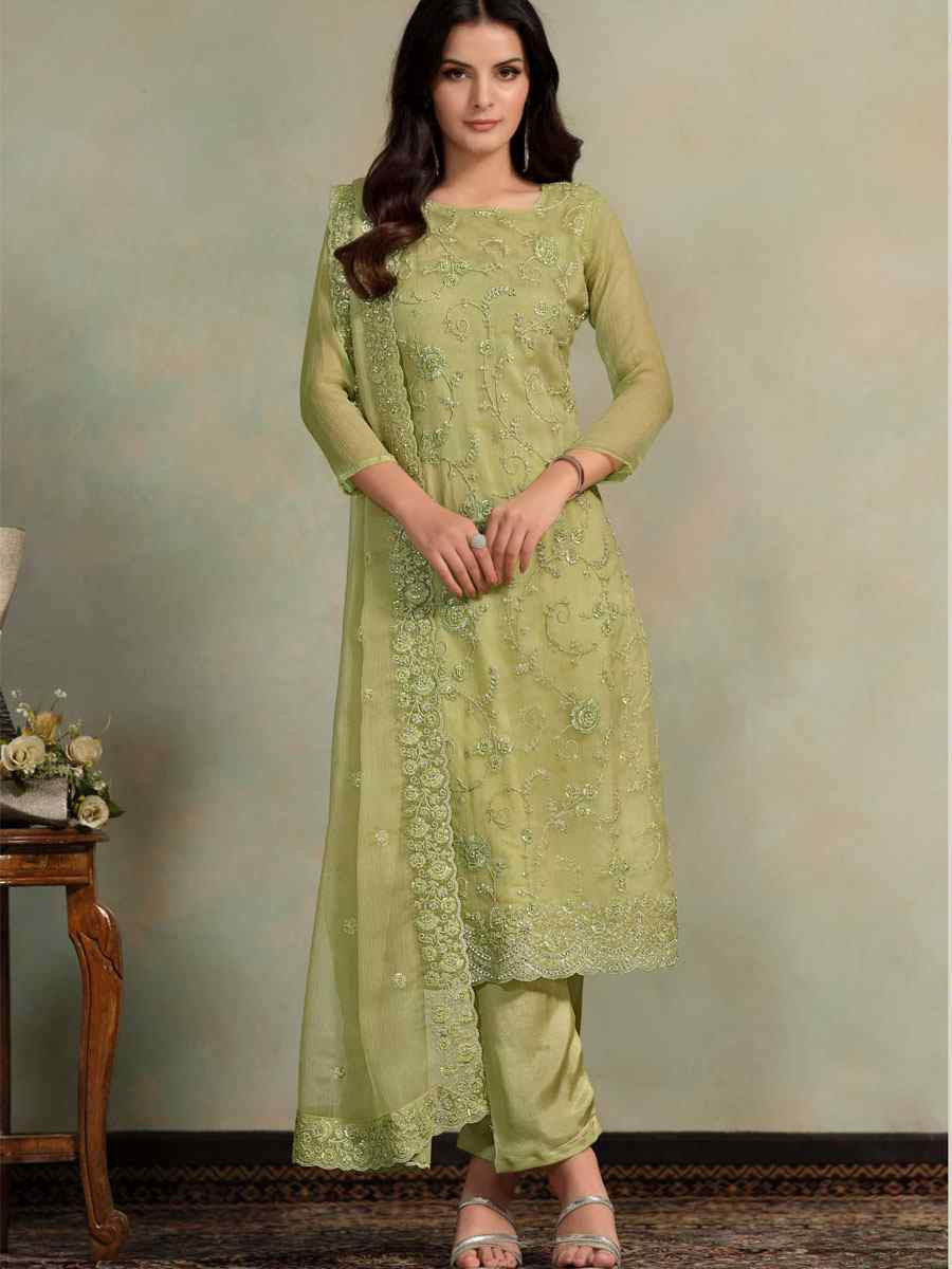 Lemon Green Chiffon Organza Embroidered Festival Wedding Pant Salwar Kameez