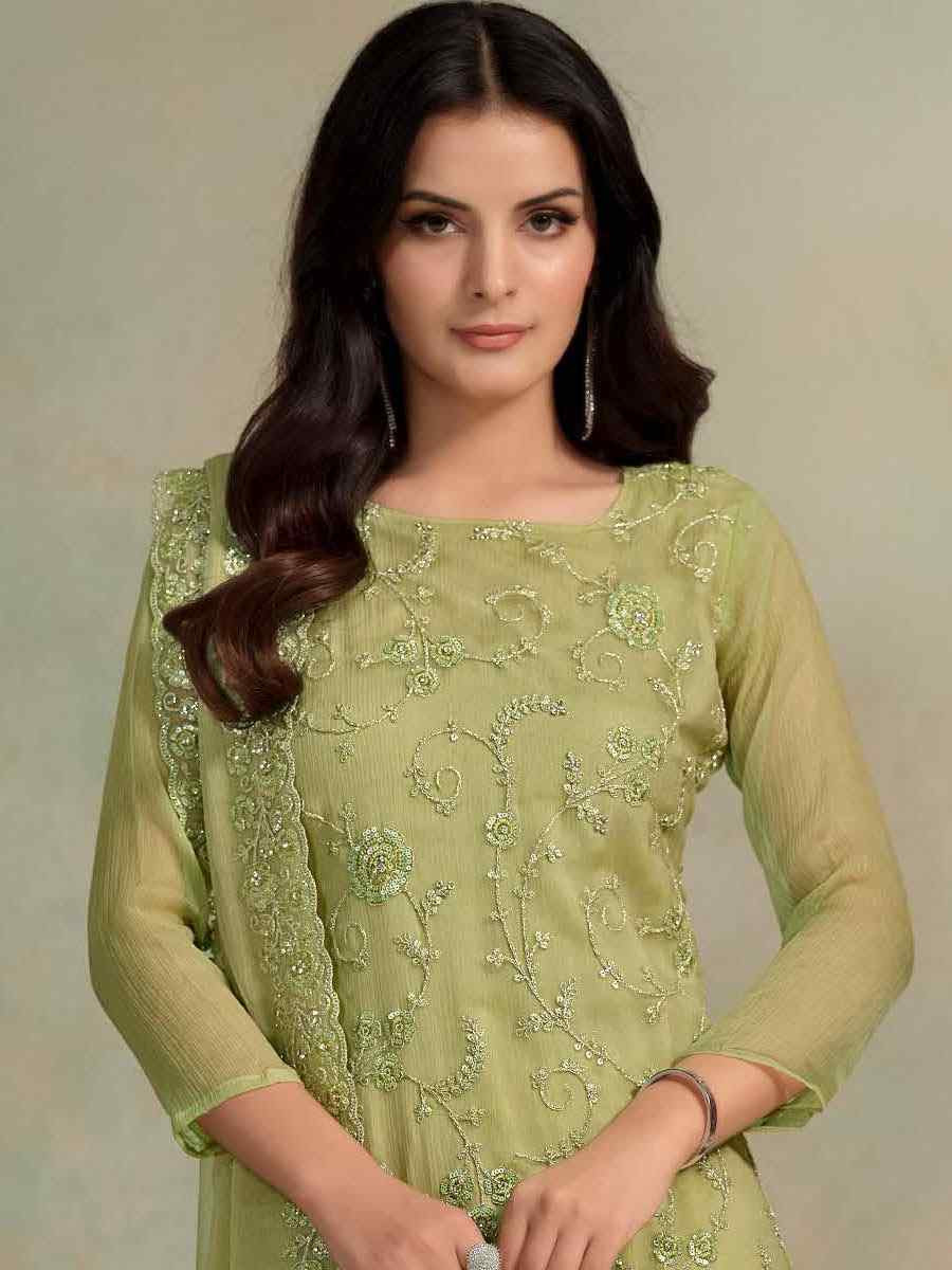 Lemon Green Chiffon Organza Embroidered Festival Wedding Pant Salwar Kameez