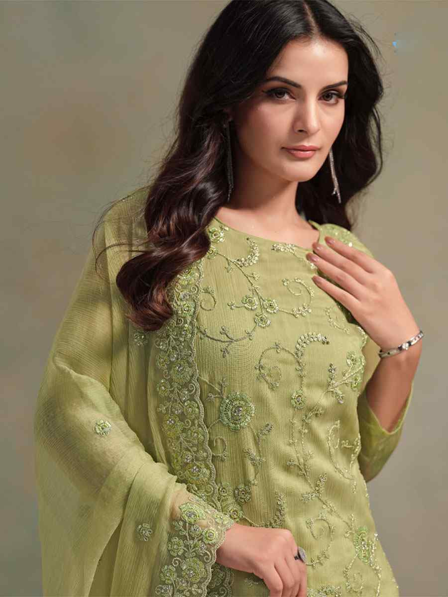 Lemon Green Chiffon Organza Embroidered Festival Wedding Pant Salwar Kameez