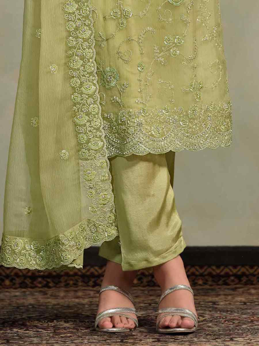Lemon Green Chiffon Organza Embroidered Festival Wedding Pant Salwar Kameez
