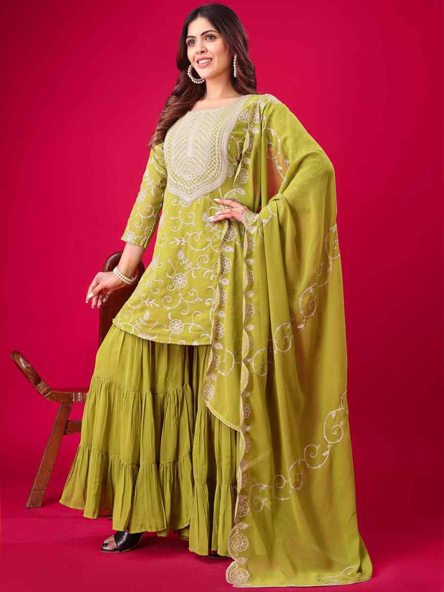 Lemon Green Heavy Georgette Embroidered Party Casual Ready Sharara Salwar Kameez