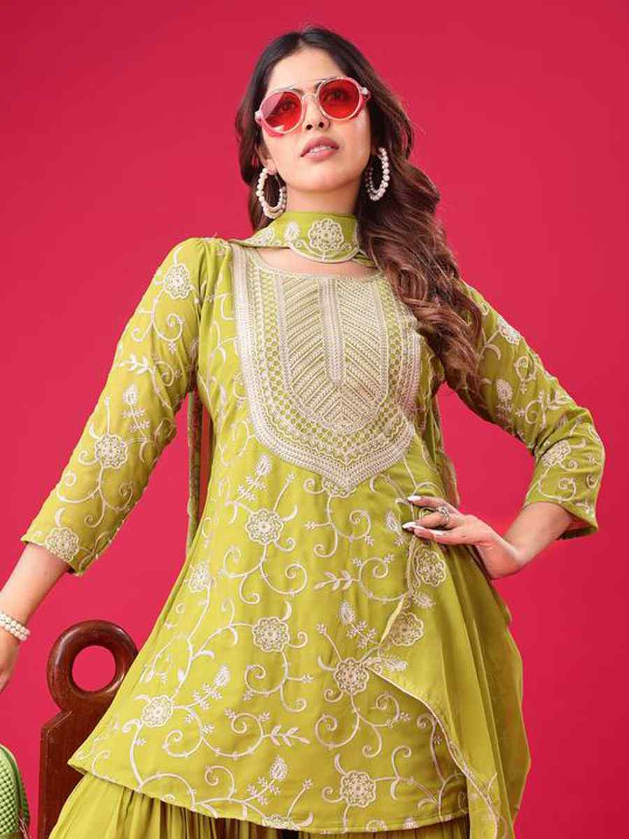 Lemon Green Heavy Georgette Embroidered Party Casual Ready Sharara Salwar Kameez