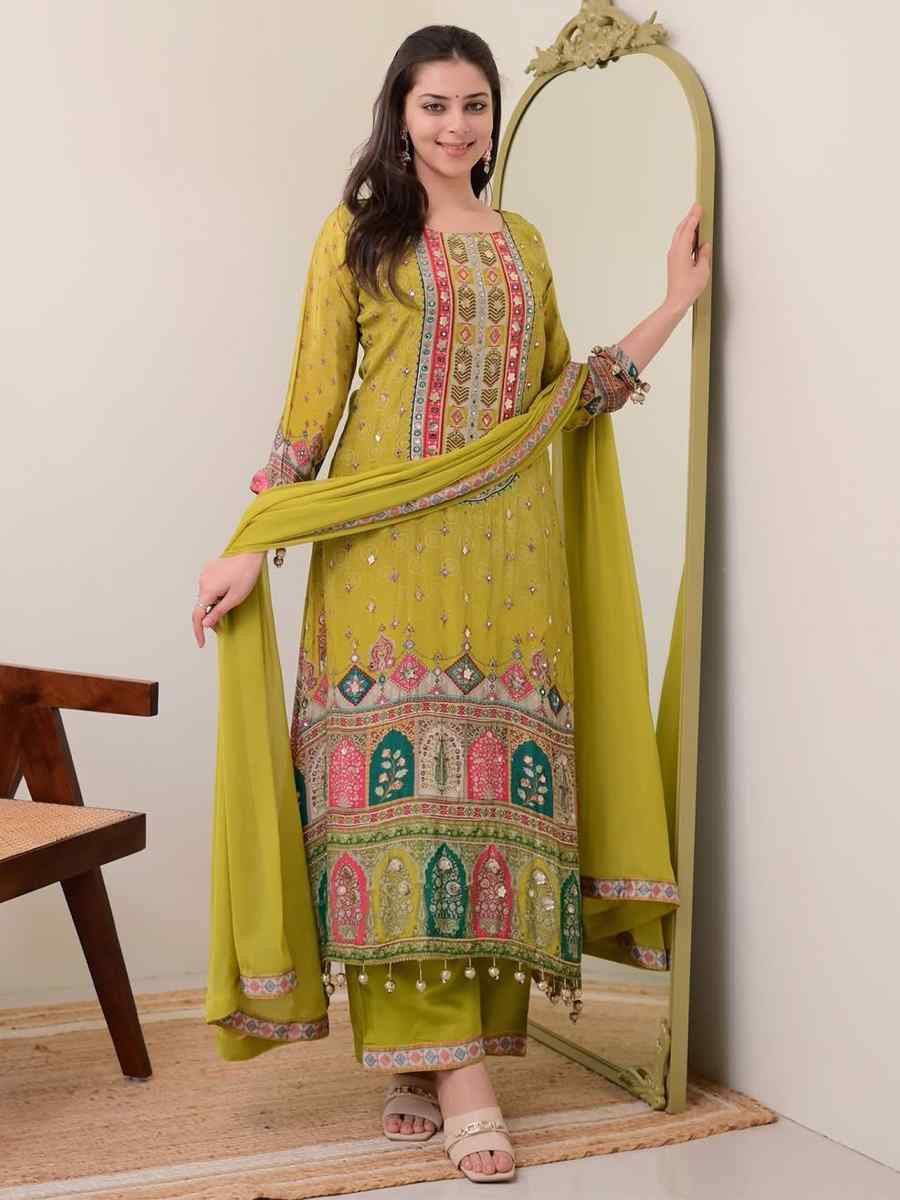 Lemon Green Muslin Cotton Embroidered Festival Casual Palazzo Pant Salwar Kameez