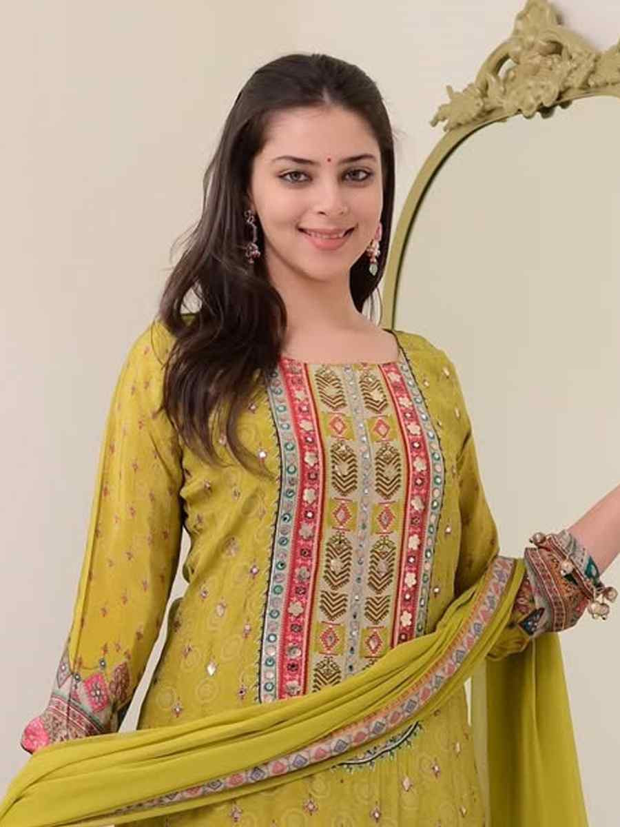 Lemon Green Muslin Cotton Embroidered Festival Casual Palazzo Pant Salwar Kameez
