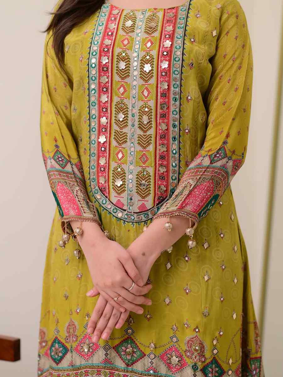 Lemon Green Muslin Cotton Embroidered Festival Casual Palazzo Pant Salwar Kameez