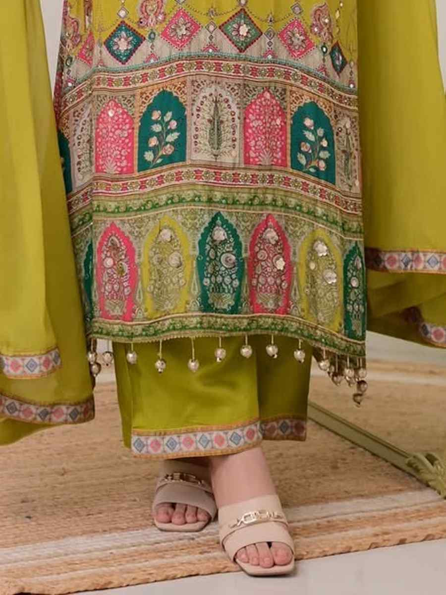 Lemon Green Muslin Cotton Embroidered Festival Casual Palazzo Pant Salwar Kameez