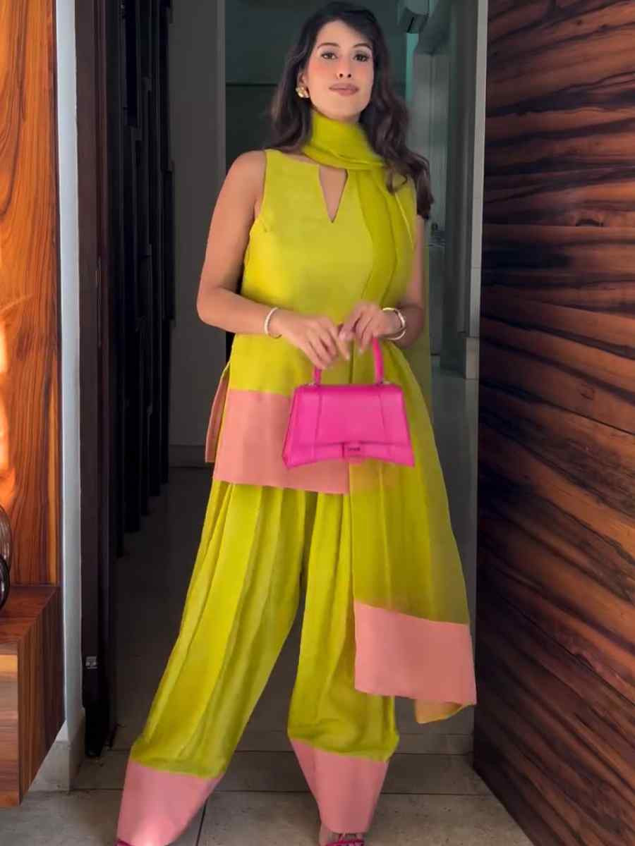 Lemon Green Natural Crepe Silk Embroidered Festival Casual Ready Farsi Pant Salwar Kameez