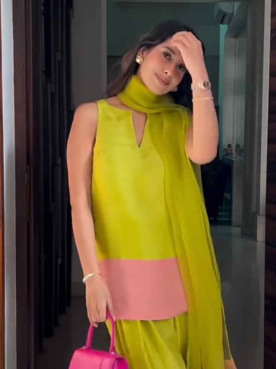 Lemon Green Natural Crepe Silk Embroidered Festival Casual Ready Farsi Pant Salwar Kameez