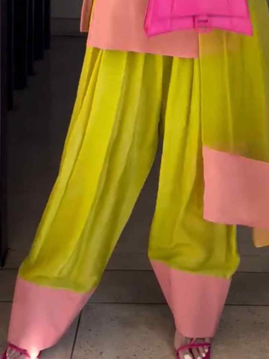 Lemon Green Natural Crepe Silk Embroidered Festival Casual Ready Farsi Pant Salwar Kameez