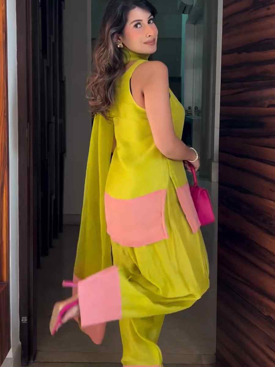 Lemon Green Natural Crepe Silk Embroidered Festival Casual Ready Farsi Pant Salwar Kameez