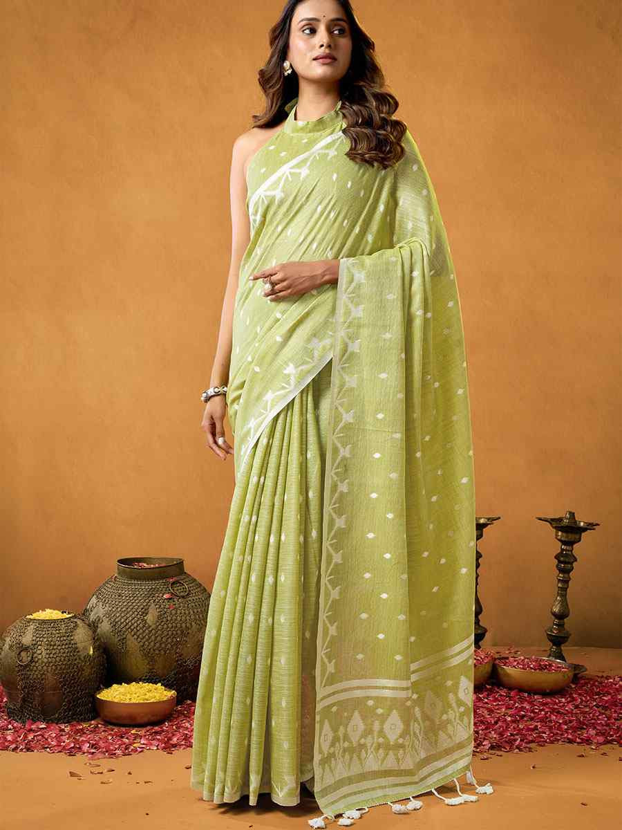 Lemon Green Pure Cotton Handwoven Festival Wedding Fancy Heavy Border Saree