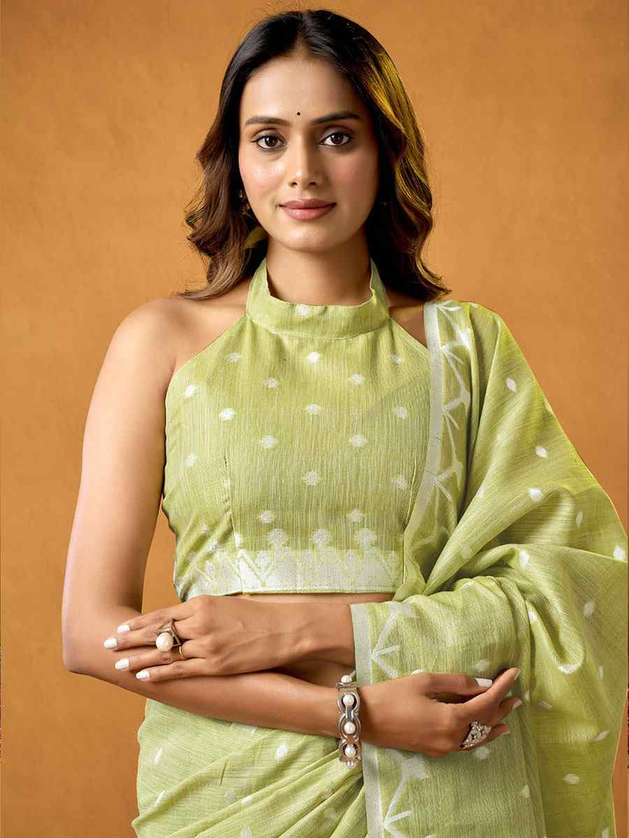 Lemon Green Pure Cotton Handwoven Festival Wedding Fancy Heavy Border Saree