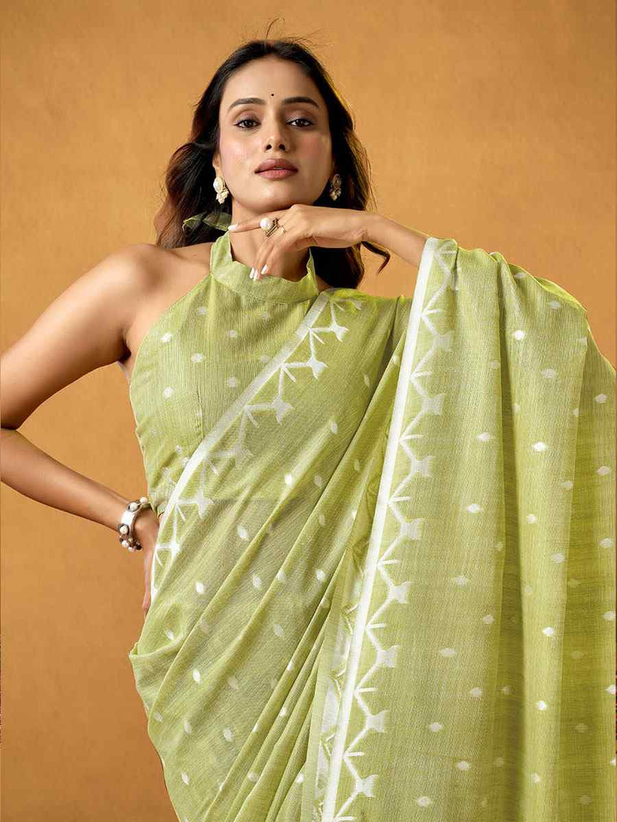 Lemon Green Pure Cotton Handwoven Festival Wedding Fancy Heavy Border Saree