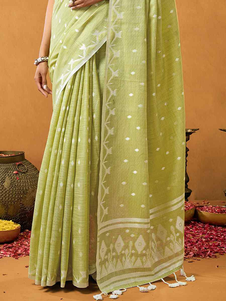 Lemon Green Pure Cotton Handwoven Festival Wedding Fancy Heavy Border Saree