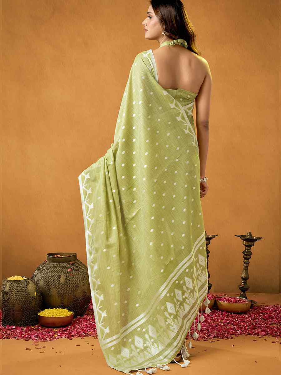 Lemon Green Pure Cotton Handwoven Festival Wedding Fancy Heavy Border Saree