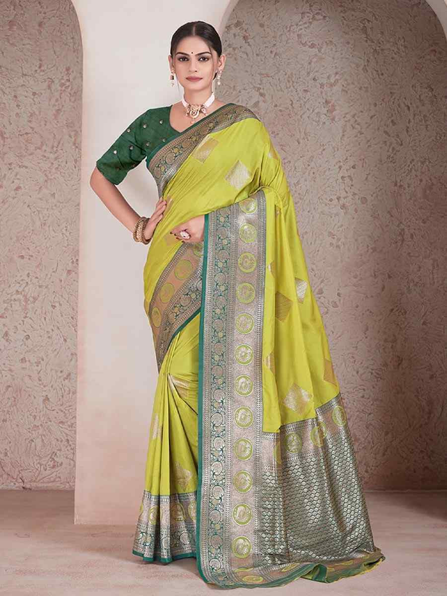 Lemon Green Silk Handwoven Festival Wedding Fancy Heavy Border Saree