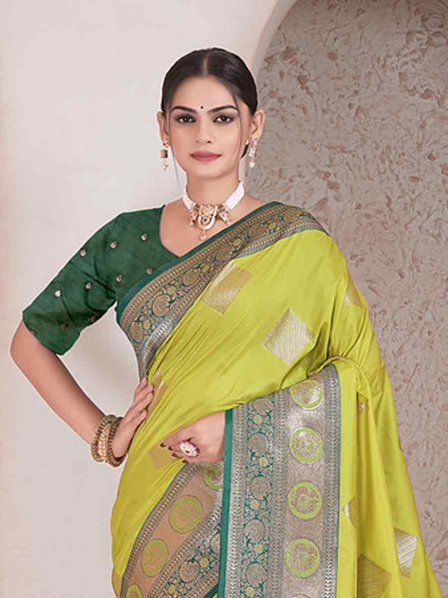 Lemon Green Silk Handwoven Festival Wedding Fancy Heavy Border Saree