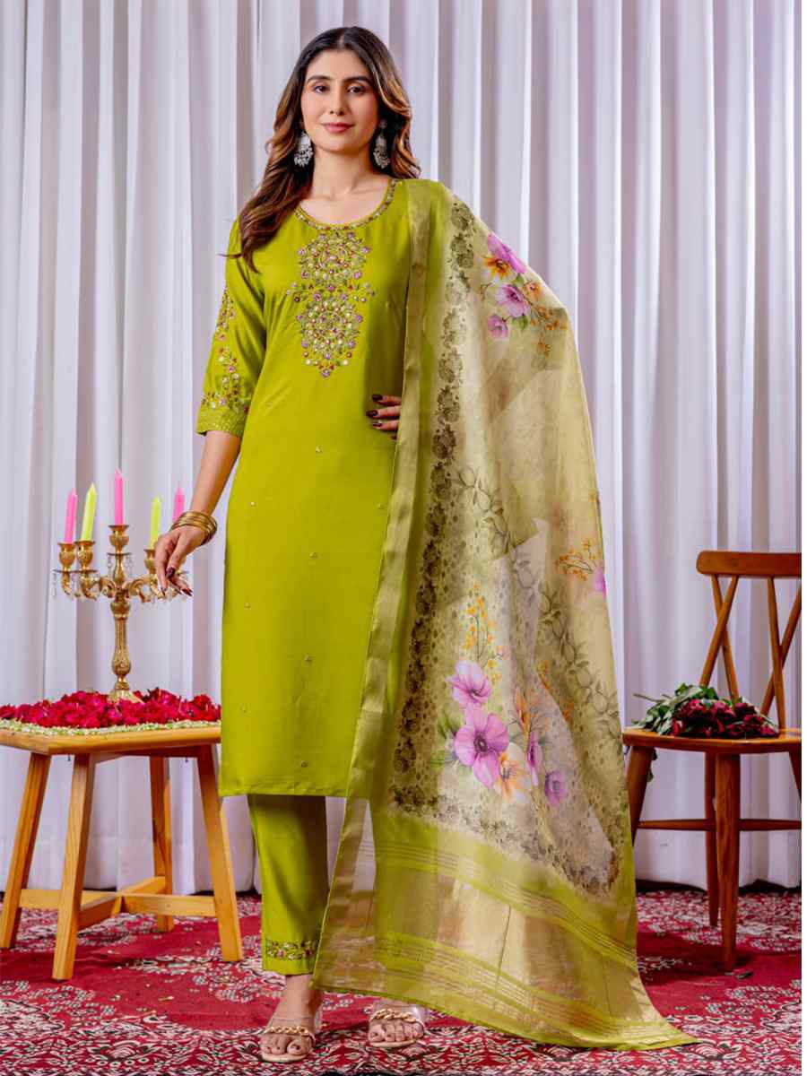 Lemon Green Viscose Silk Embroidered Party Wedding Ready Pant Salwar Kameez