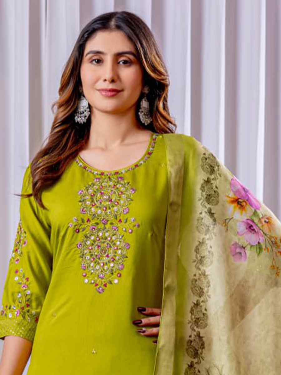 Lemon Green Viscose Silk Embroidered Party Wedding Ready Pant Salwar Kameez
