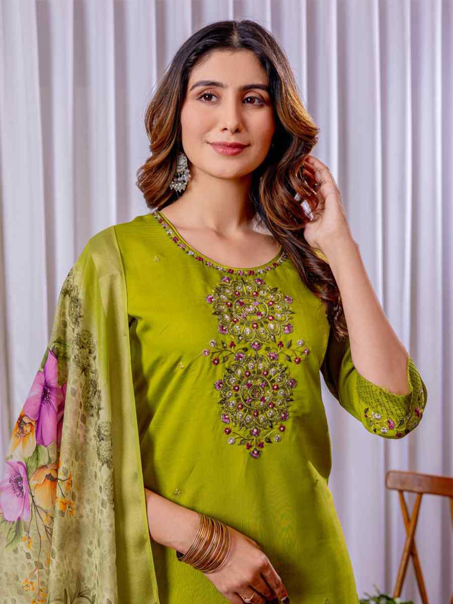 Lemon Green Viscose Silk Embroidered Party Wedding Ready Pant Salwar Kameez