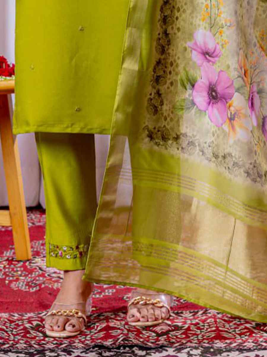 Lemon Green Viscose Silk Embroidered Party Wedding Ready Pant Salwar Kameez
