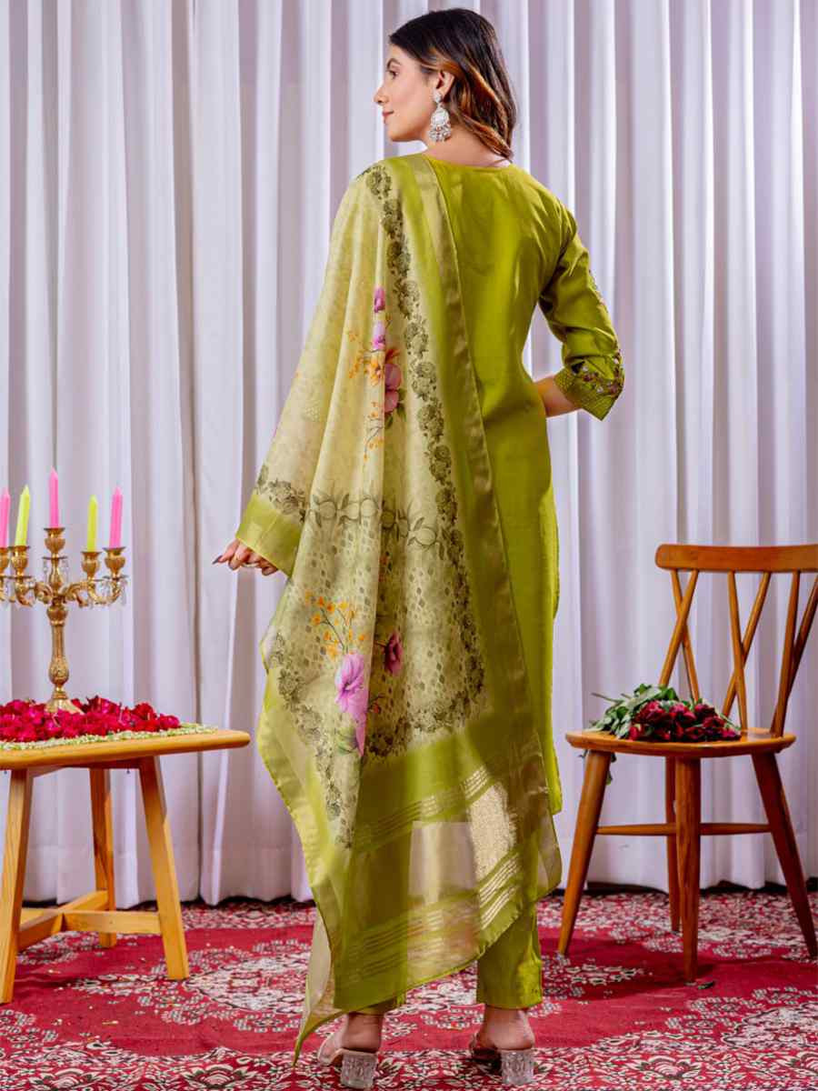 Lemon Green Viscose Silk Embroidered Party Wedding Ready Pant Salwar Kameez