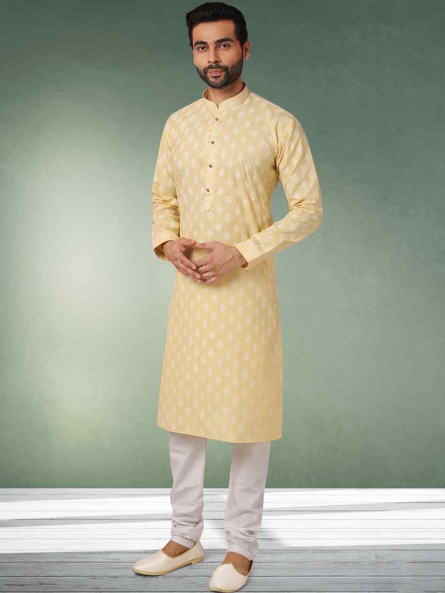 Lemon Hand Loomed In Rich Yarns Of Cotton Printed Festival Wedding Kurta