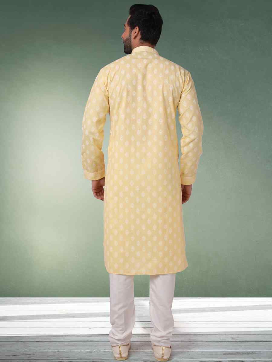 Lemon Hand Loomed In Rich Yarns Of Cotton Printed Festival Wedding Kurta