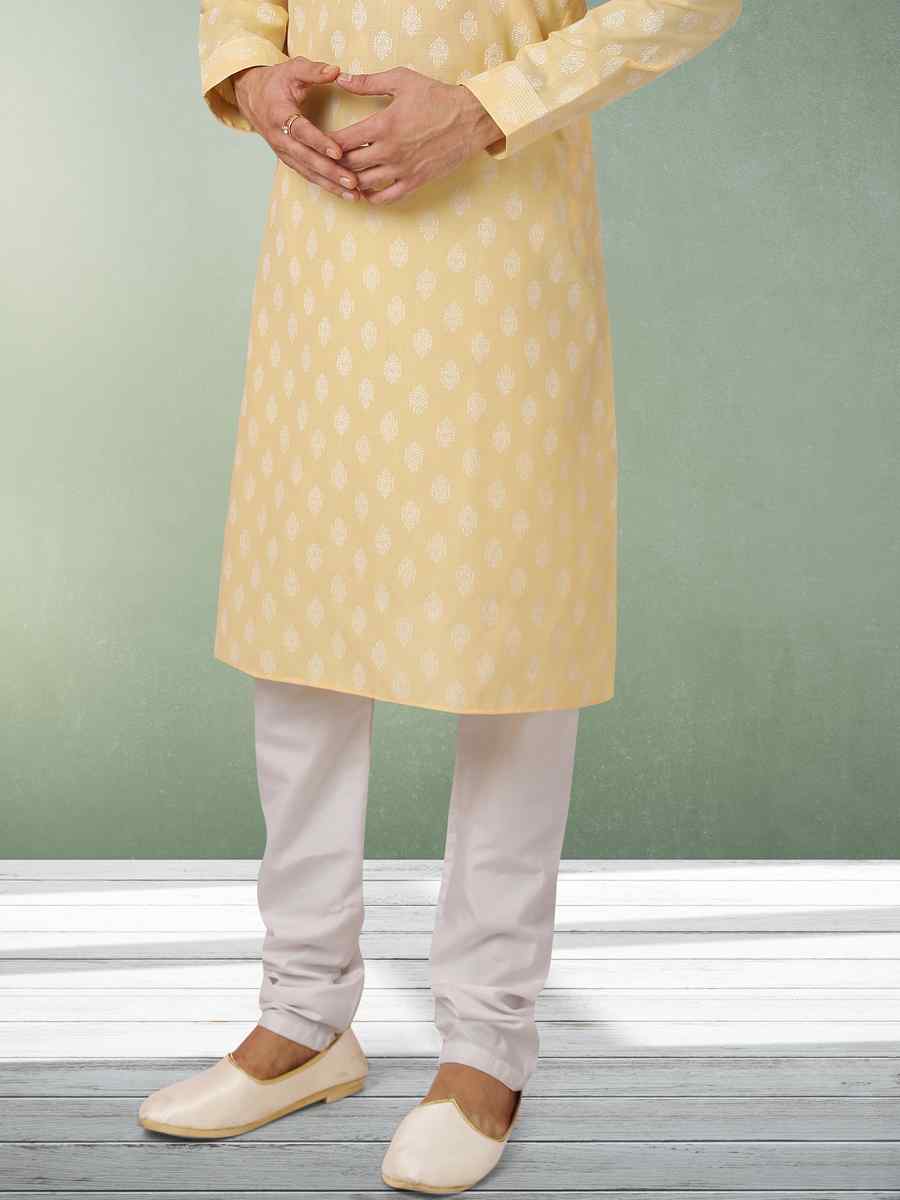 Lemon Hand Loomed In Rich Yarns Of Cotton Printed Festival Wedding Kurta