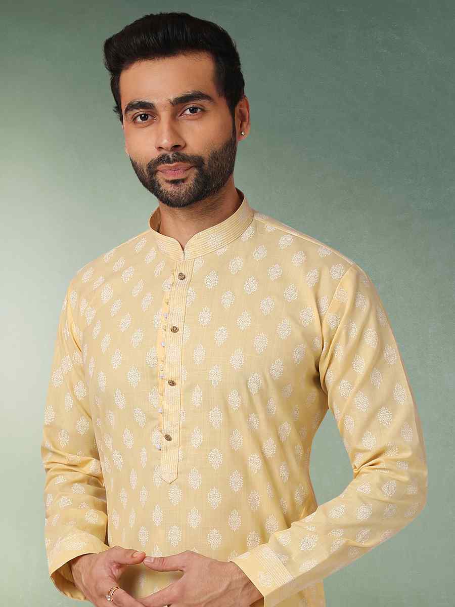 Lemon Hand Loomed In Rich Yarns Of Cotton Printed Festival Wedding Kurta