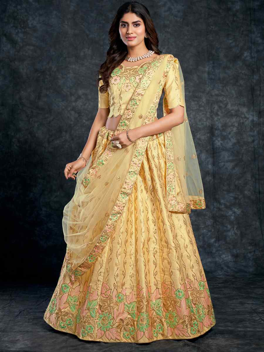 Lemon Italian Silk Embroidered Wedding Festival Heavy Border Lehenga Choli