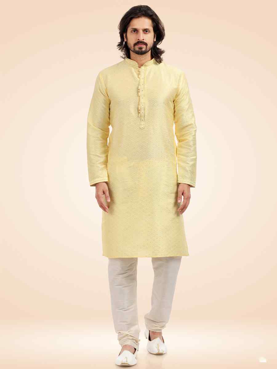 Lemon Jacquard Banarasi Silk Woven Festival Party Kurta