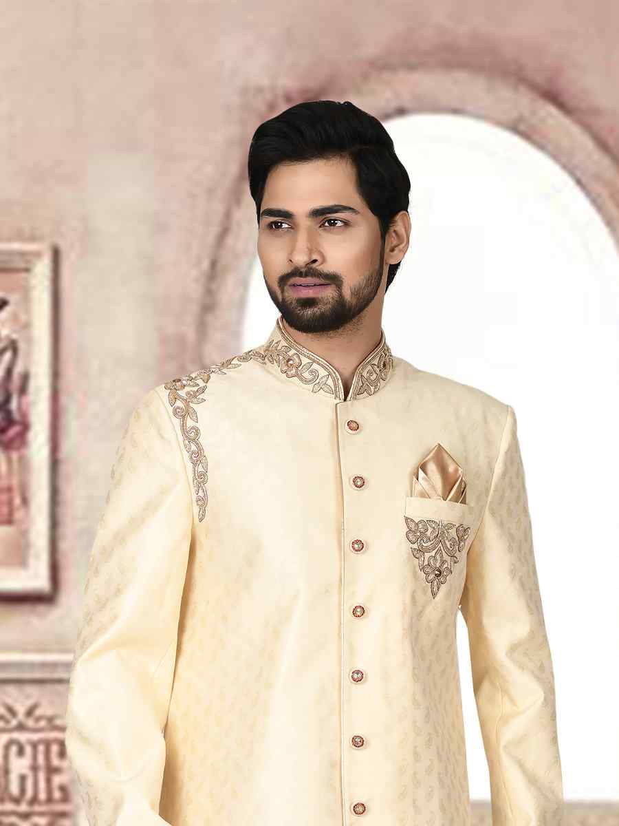 Lemon Jacquard Embroidered Groom Wedding Sherwani