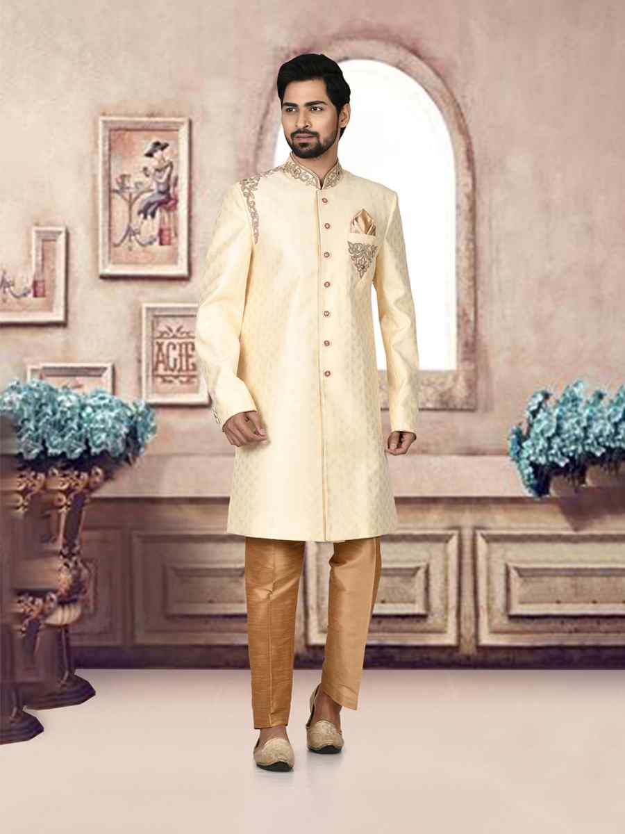Lemon Jacquard Embroidered Groom Wedding Sherwani
