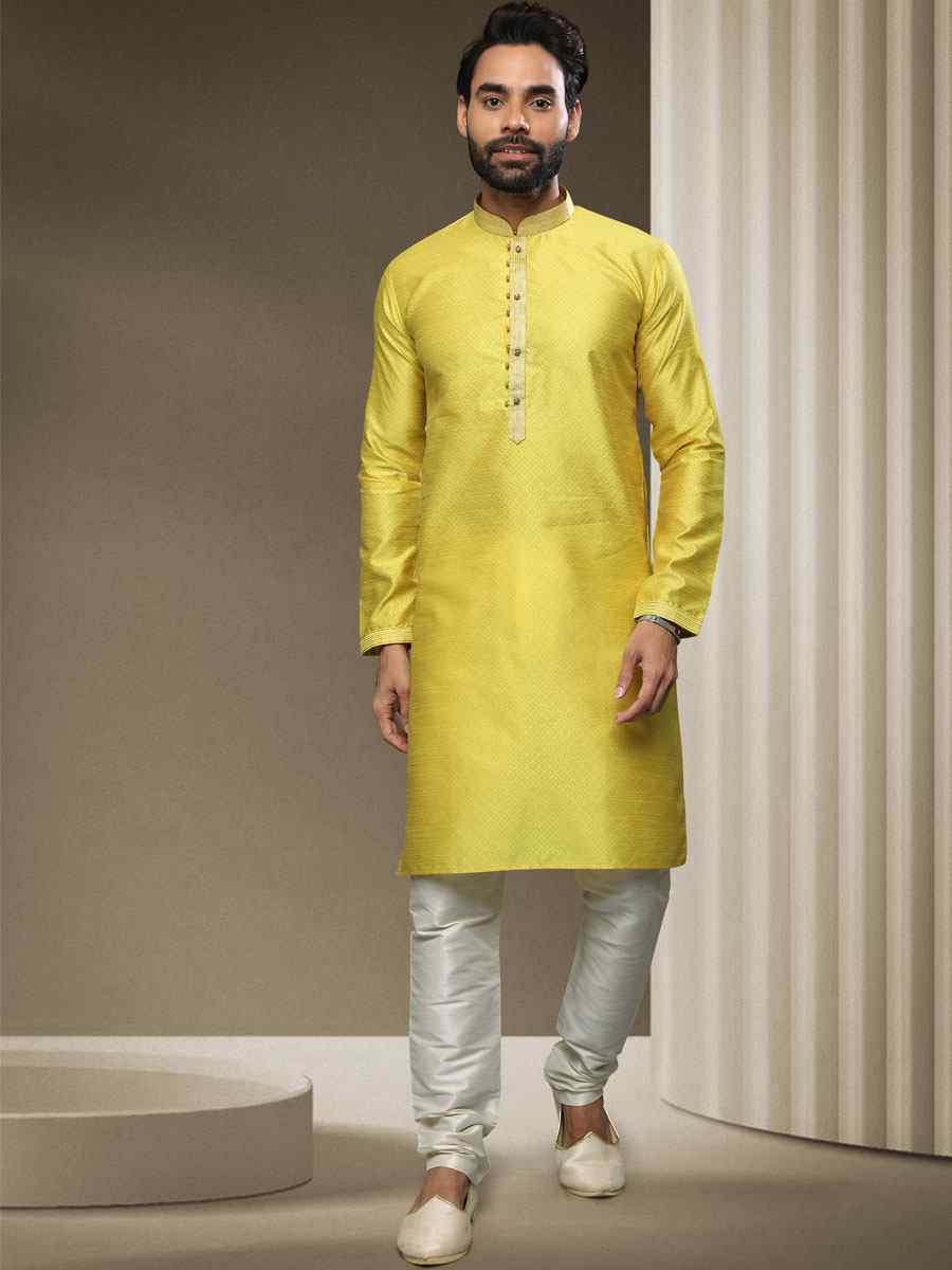 Lemon Jacquard Silk Brocade Woven Party Kurta