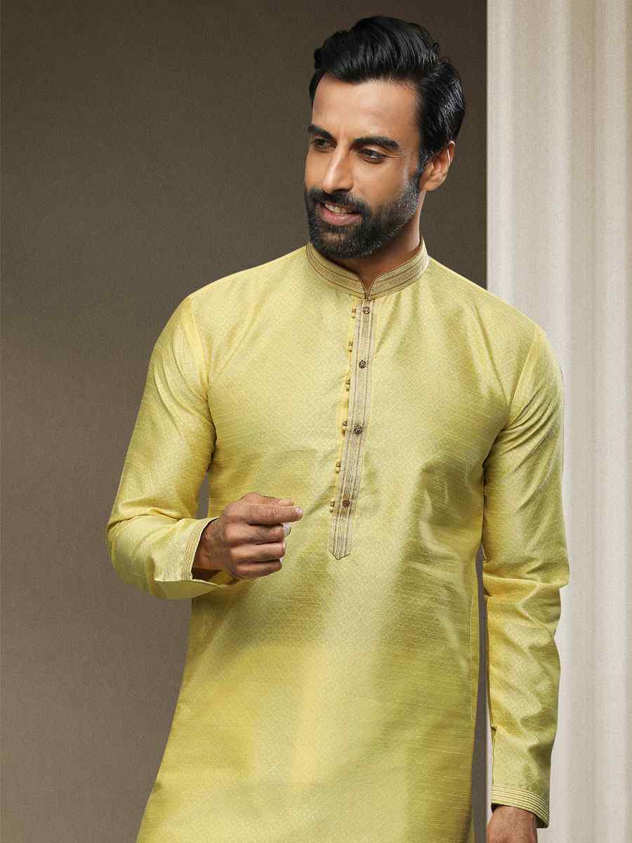 Lemon Jacquard Silk Brocade Woven Party Kurta
