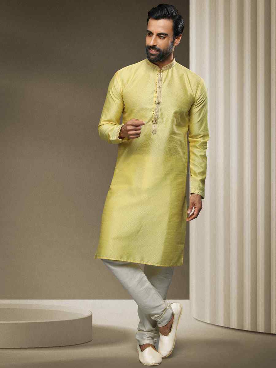 Lemon Jacquard Silk Brocade Woven Party Kurta