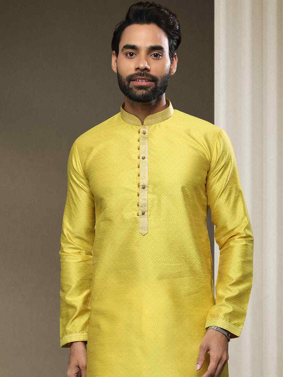 Lemon Jacquard Silk Brocade Woven Party Kurta