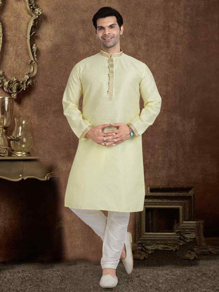 Lemon Jacquard Silk Brocade Woven Plain Wedding Party Kurta