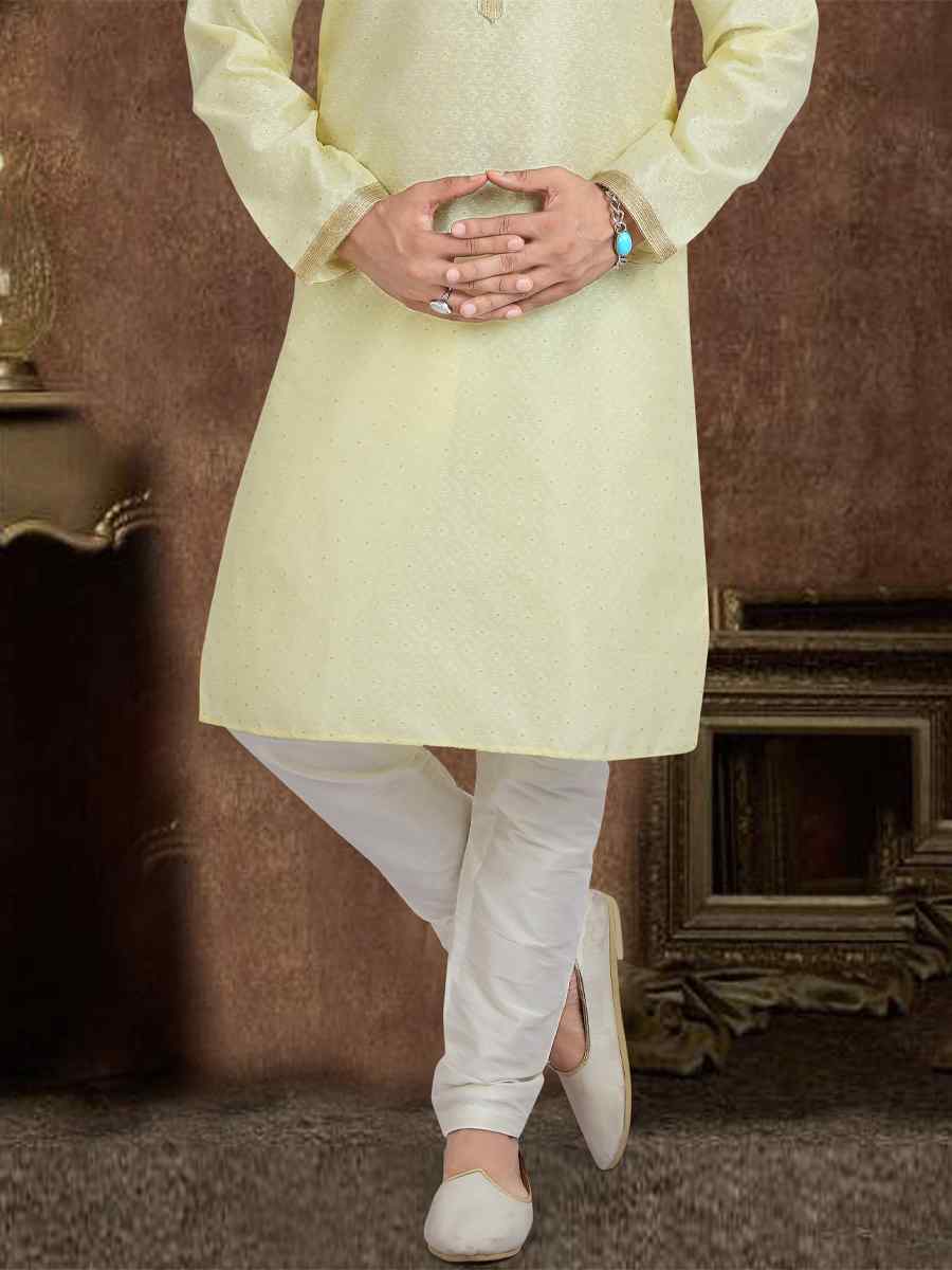 Lemon Jacquard Silk Brocade Woven Plain Wedding Party Kurta