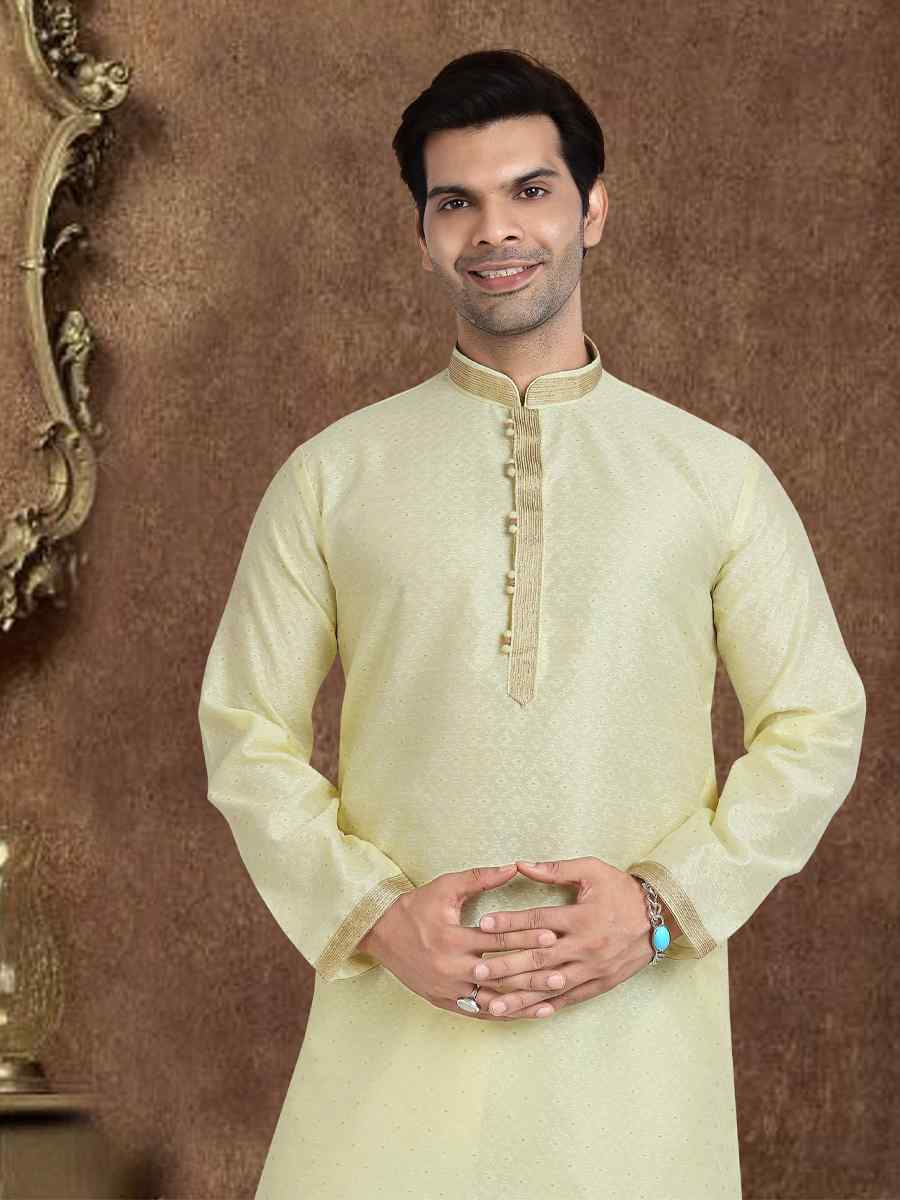Lemon Jacquard Silk Brocade Woven Plain Wedding Party Kurta
