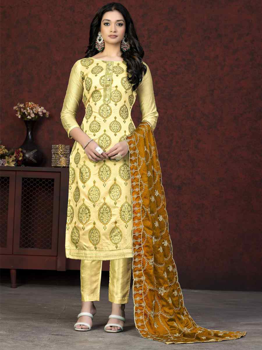 Lemon Modal Chanderi Embroidered Casual Festival Pant Salwar Kameez