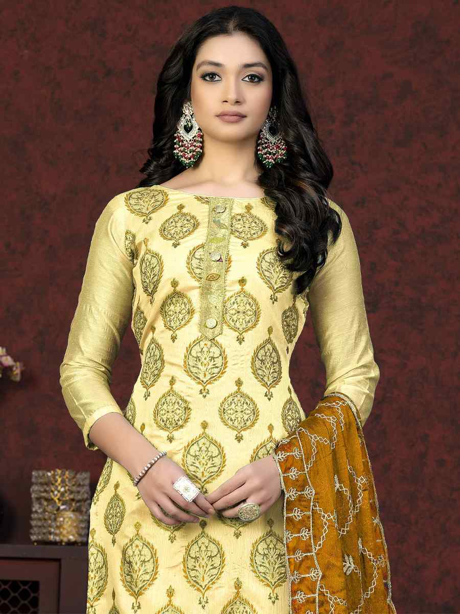 Lemon Modal Chanderi Embroidered Casual Festival Pant Salwar Kameez